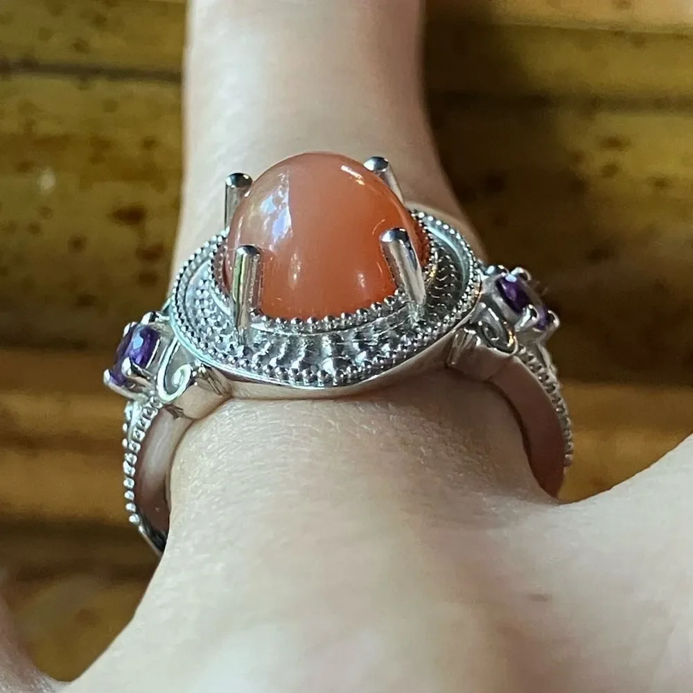 Natural Peach Moonstone African Amethyst Sterling Silver Ring Size 7